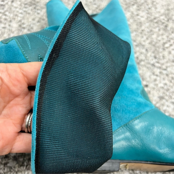 Vintage 70s 80s turquoise Italian suede leather applique mid calf flat boots 8 - Picture 11 of 15